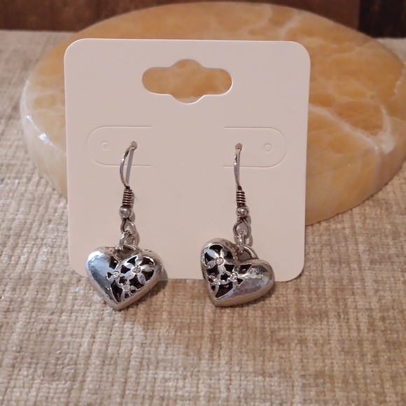 Silver Tone Heart Drop French Wire Earrings - Picture 8 of 8